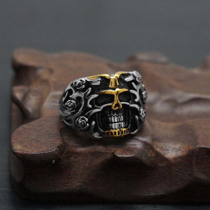 Two-Tone Gold Inlaid Rose Skull Vintage Ring, S925 Silver Antiqued Dark Biker Wide Band For Men