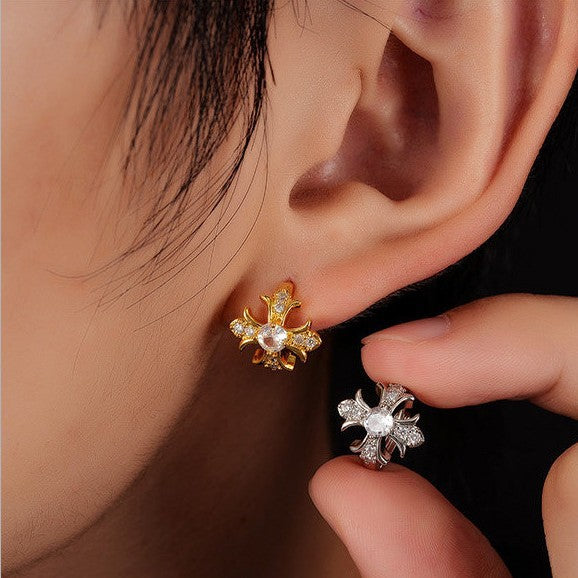 Vintage Cross Pavé Huggie Earring Set (Light Luxury Niche Edgy Earrings)