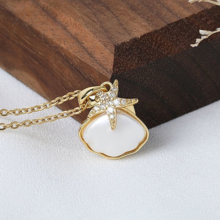 Gold-Plated Copper Starfish & Shell Pendant Necklace with Micro Zircon — Minimalist Chic