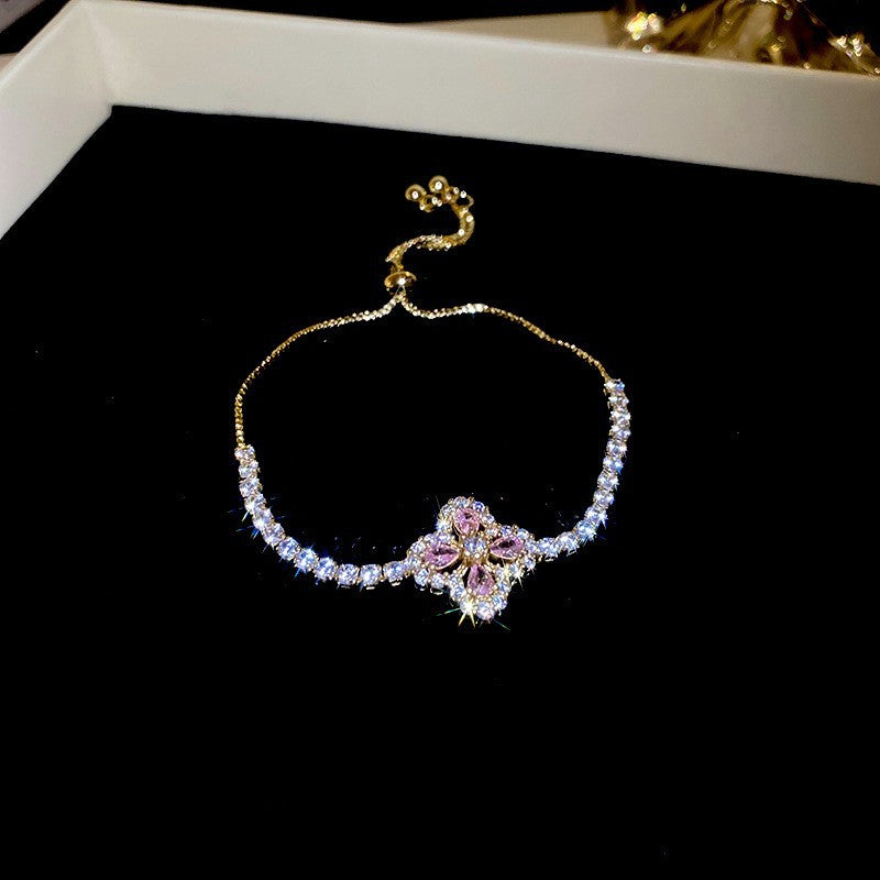 Luxury Four-Leaf Clover Pink Diamond Adjustable Bracelet, Gold & Silver Paved Diamond Pull Chain Women Bracelet