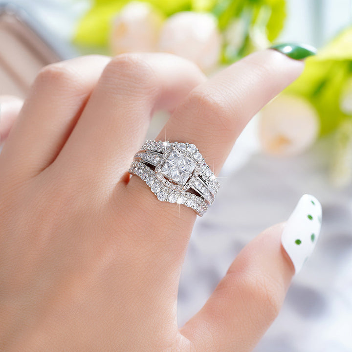 S925 Silver Double-Layer Cubic Zirconia Ring – Square Crown Design Two-in-One Sparkle Ring