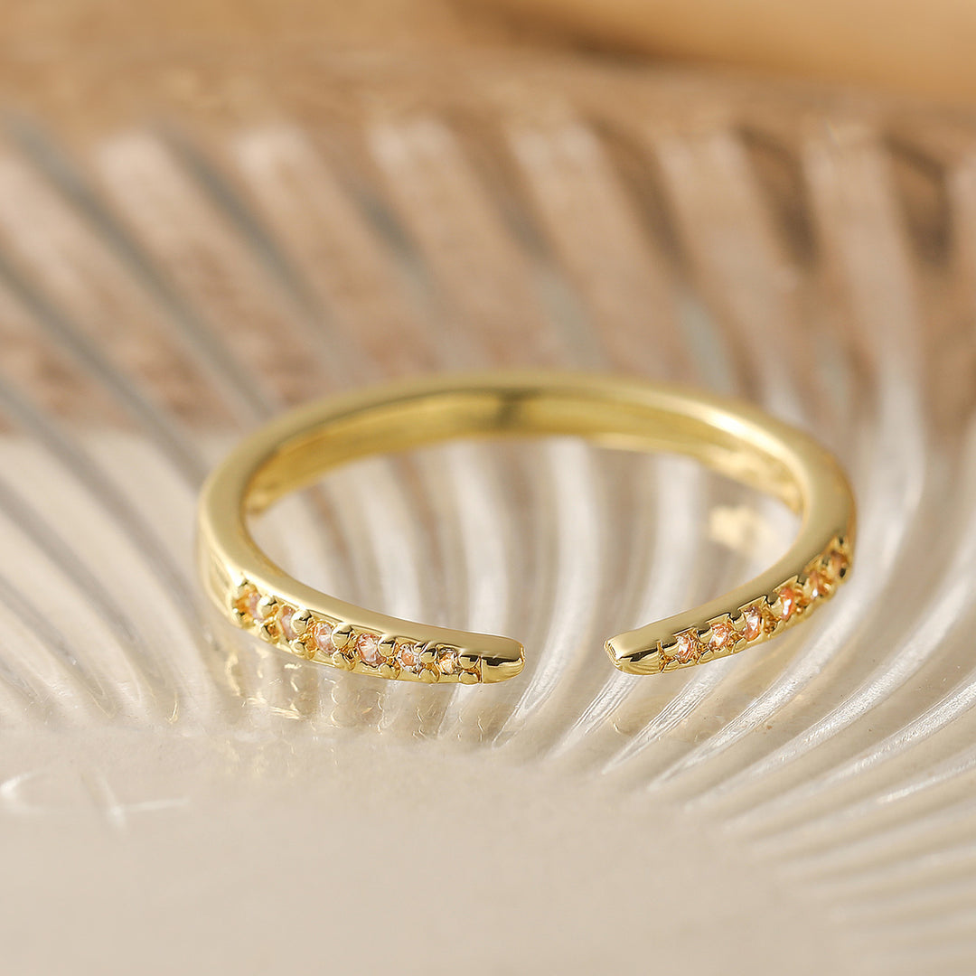 Dual Tip Paved Diamond Open Thin Ring, Minimal Micro-Paved Adjustable Geometric Line Band for Women