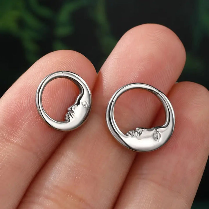 Moon Face Hoop Piercing Jewelry, European Artistic Clicker Nose Ring & Earring Sterling Silver  Body Piercing Accessory
