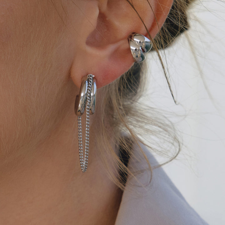 Double Layer C-Shape Hoop Chain Tassel Earrings, Two-Tone/Silver/Gold 3 Color S925 SilverGeometric Long Dangle Jewelry