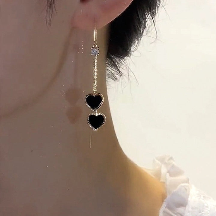 Double Black Heart Tassel Threader Earrings (Luxury Sweet & Edgy Earrings)