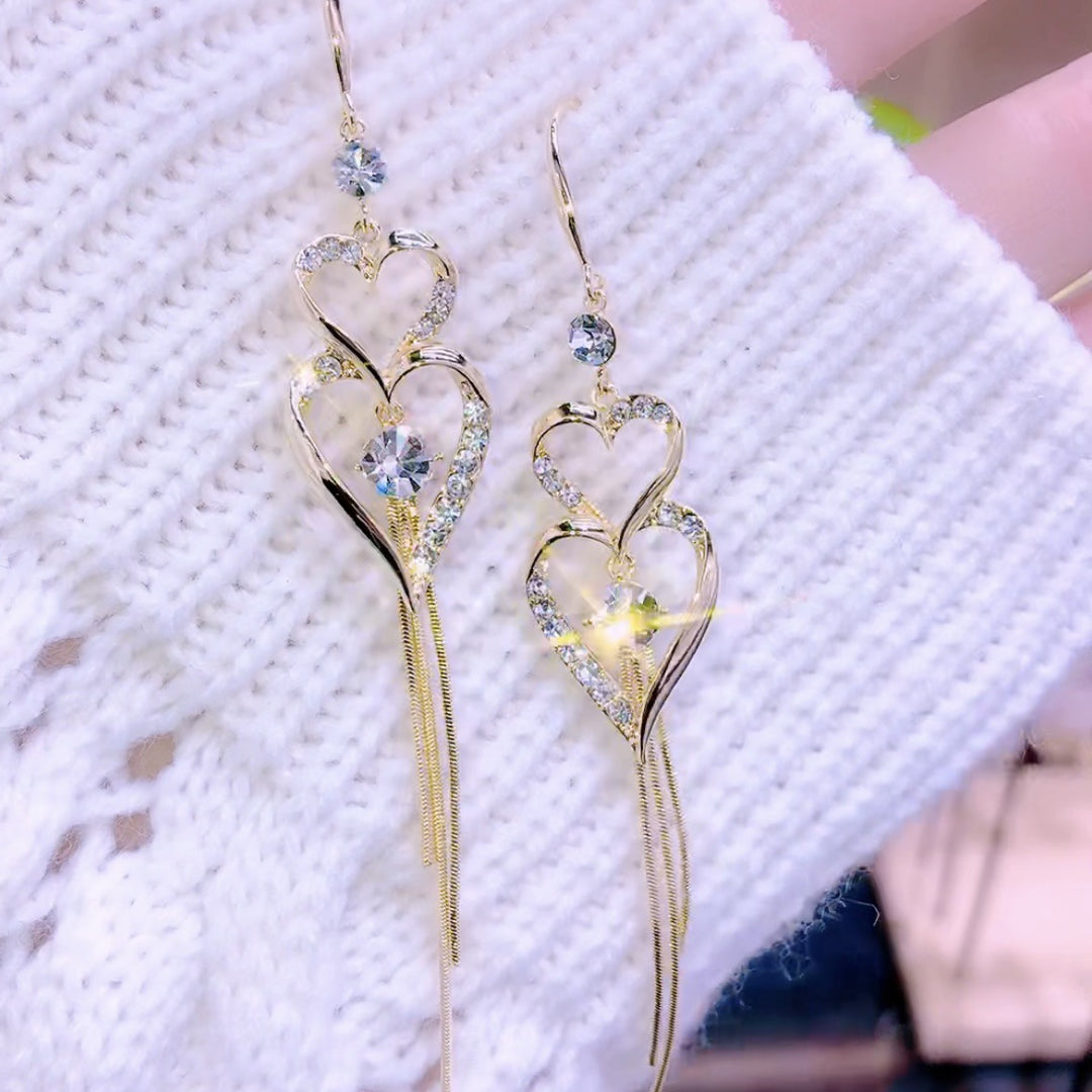 Double Heart Tassel Pavé Drop Earrings (Light Luxury Niche Long Earrings)