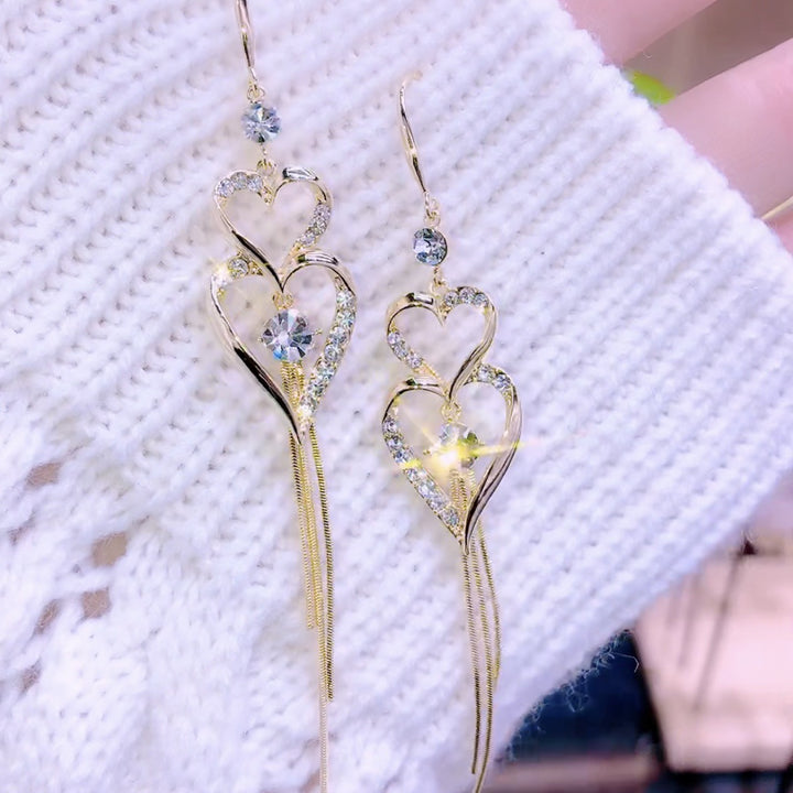 Double Heart Tassel Pavé Drop Earrings (Light Luxury Niche Long Earrings)