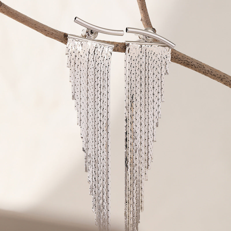 Luxury Gradient Long Metal Tassel Earrings, Horizontal Bar Shiny Chain Dangle Stud Earrings, Gold & Silver Evening Statement Jewelry