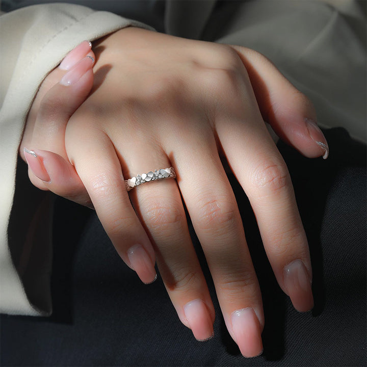 Full Row 3D Heart Paved Diamond Thin Ring, Sweet Girlish Heart Diamond Stackable Band, Gold & Silver Two-Tone Ring for Women
