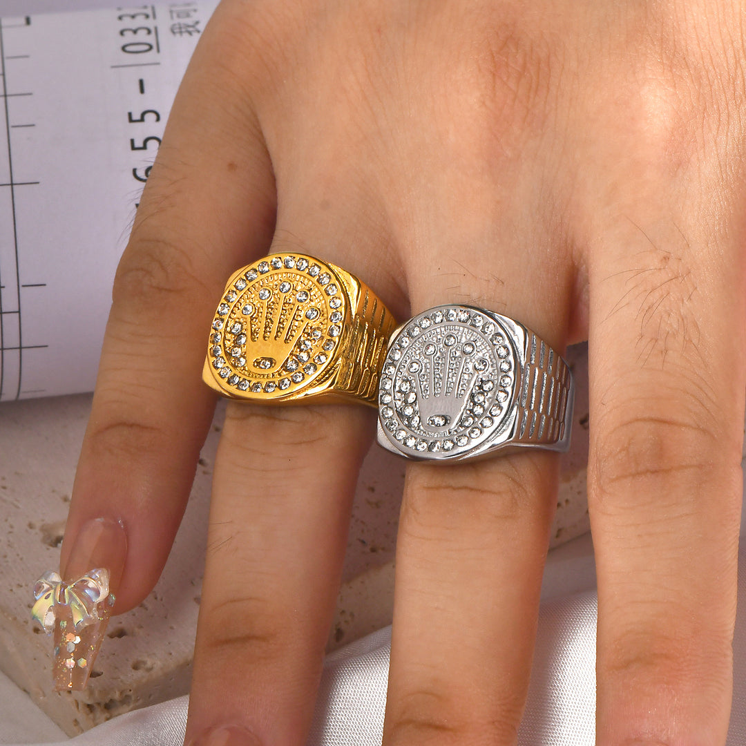 Hamsa Hand Paved Diamnd Vintage Wide Signet Ring, S925 Silver Gold & Silver Two Tone Hip Hop Men’s Band