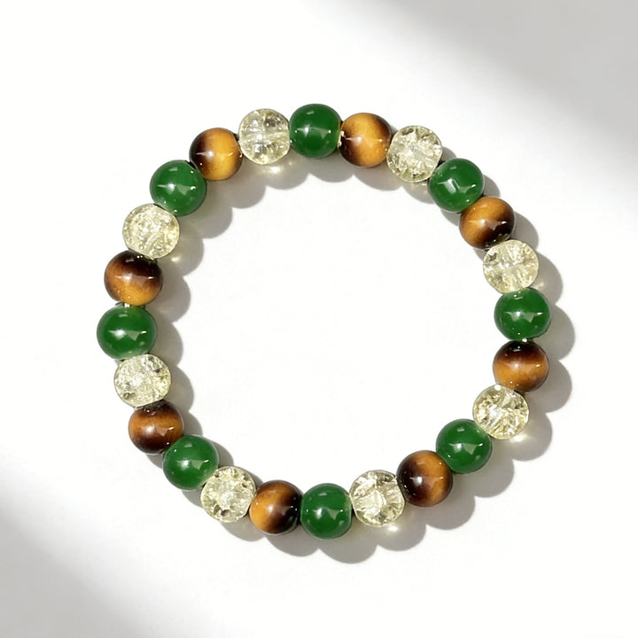 Wealth Triple Natural Crystal Bracelet, Tiger Eye Jade Rutilated Quartz Prosperity Bead