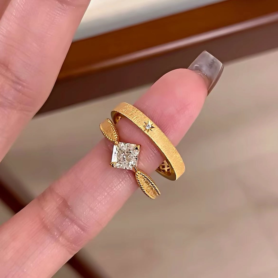 Vintage Princess Cut Wheat Ring Set, S925 Silver Brushed Star Band Two-Piece Rings, Gold & Silver Tone