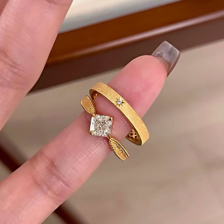 Vintage Princess Cut Wheat Ring Set, S925 Silver Brushed Star Band Two-Piece Rings, Gold & Silver Tone