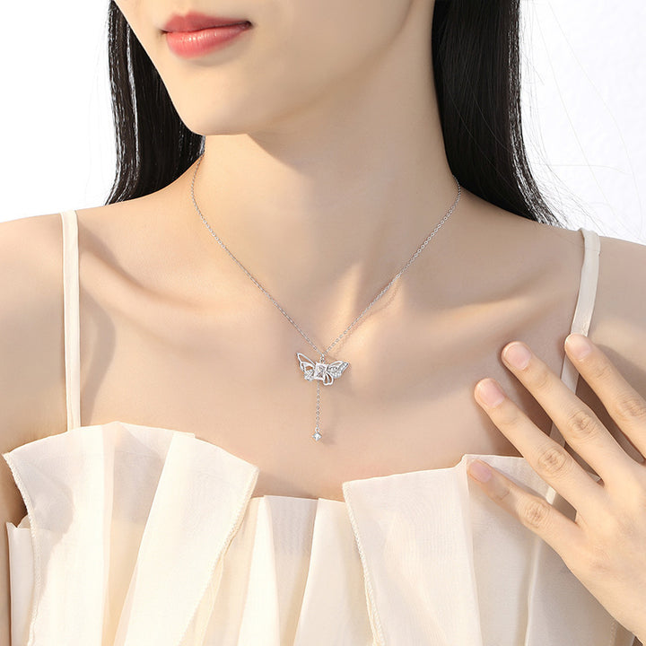 Hollow Butterfly Tassel Pendant Necklace, Pink & Clear Diamond Options, Luxury Girly Butterfly Collarbone Necklace