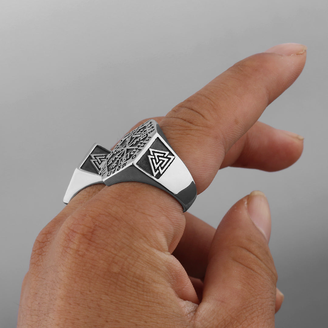 Titanium Steel Norse Rune Compass Ring (Viking Mythology Retro Style)