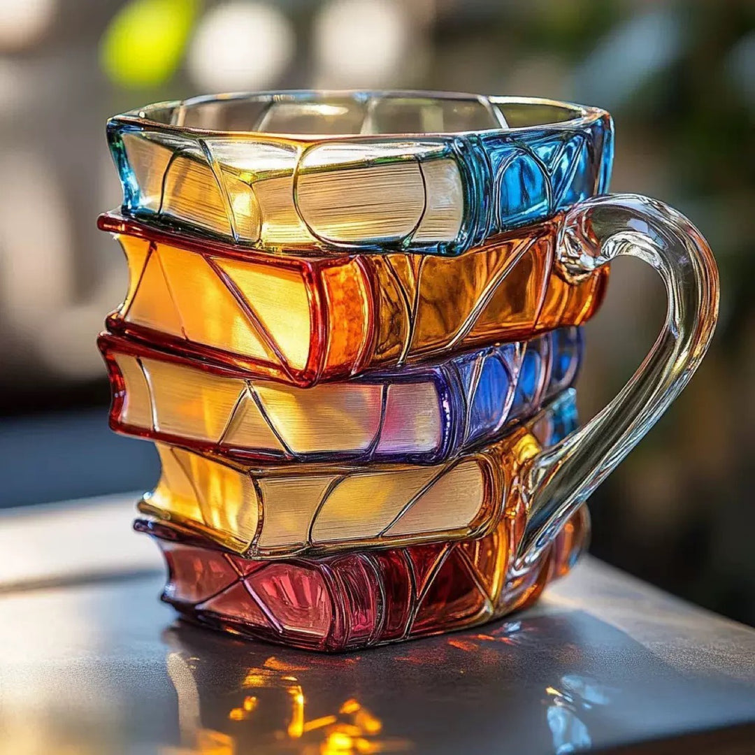 Creative Stacked Book Shaped Color Glass Mug (Literary Retro Style)