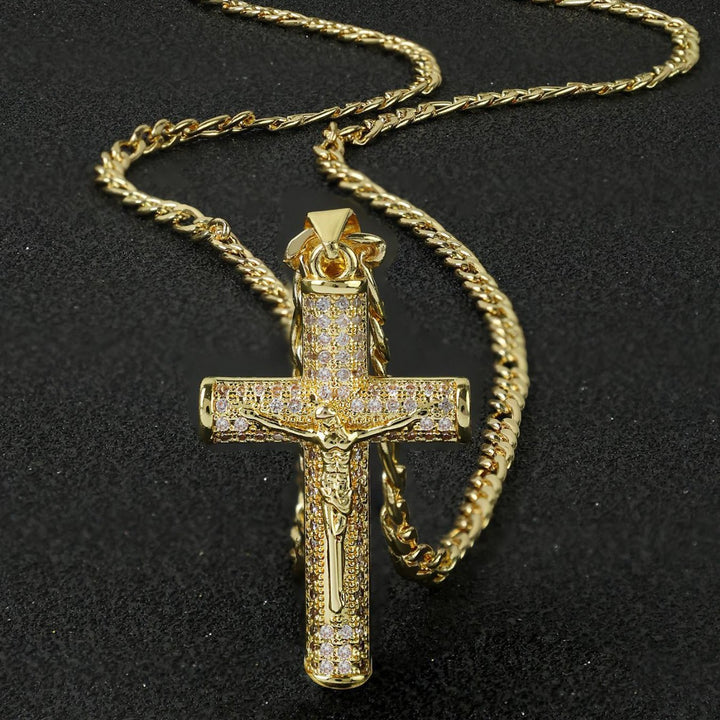 Large Diamond Cross Pendant Necklace with Gold-Plated Cuban Chain