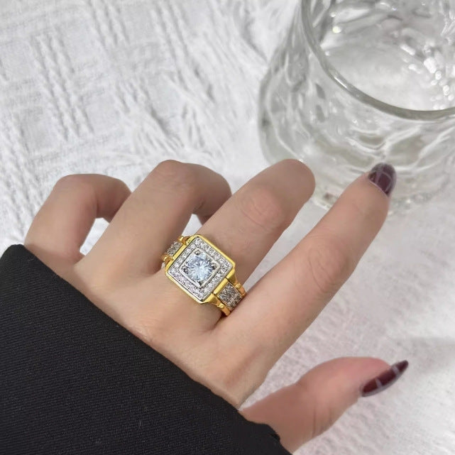 Square Center Stone Paved Two-Tone Men's Ring, Luxurious Two-Tone Diamond Business Band