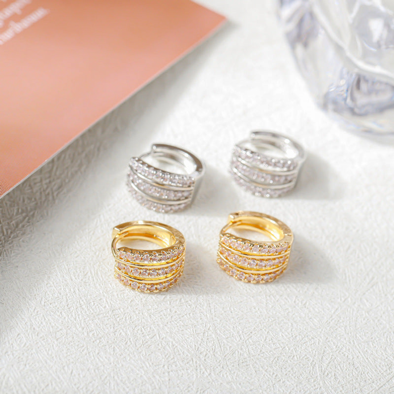 Multi‑Row Pave‑Set C‑Shape Huggie S925 Silver Earrings
