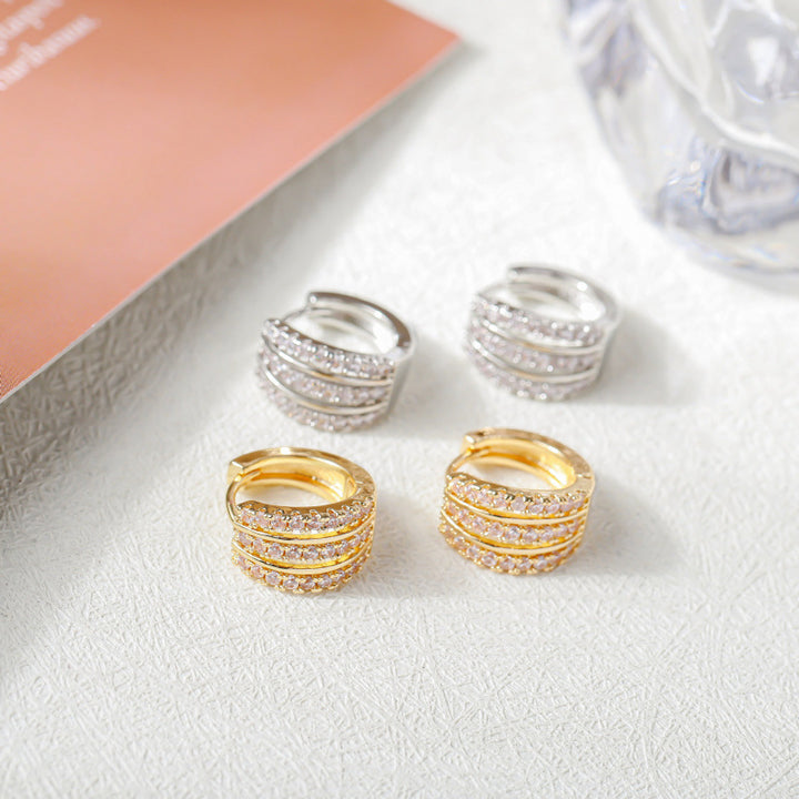 Multi‑Row Pave‑Set C‑Shape Huggie S925 Silver Earrings