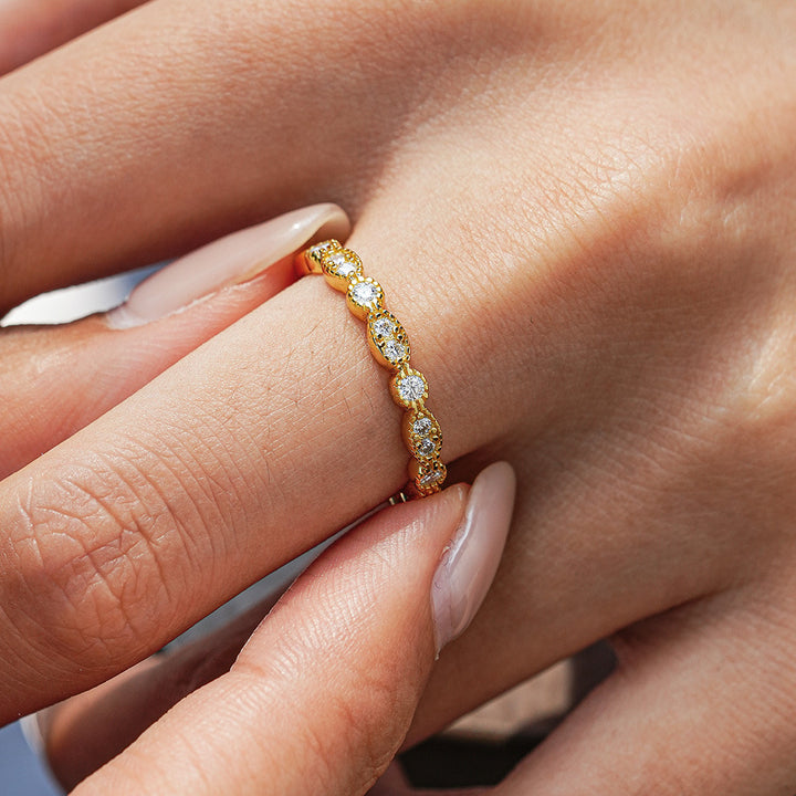 Vintage Milgrain Marquise Alternating Band, European Embossed Diamond Half Eternity Ring Gold Silver Stackable Wedding Guard Band