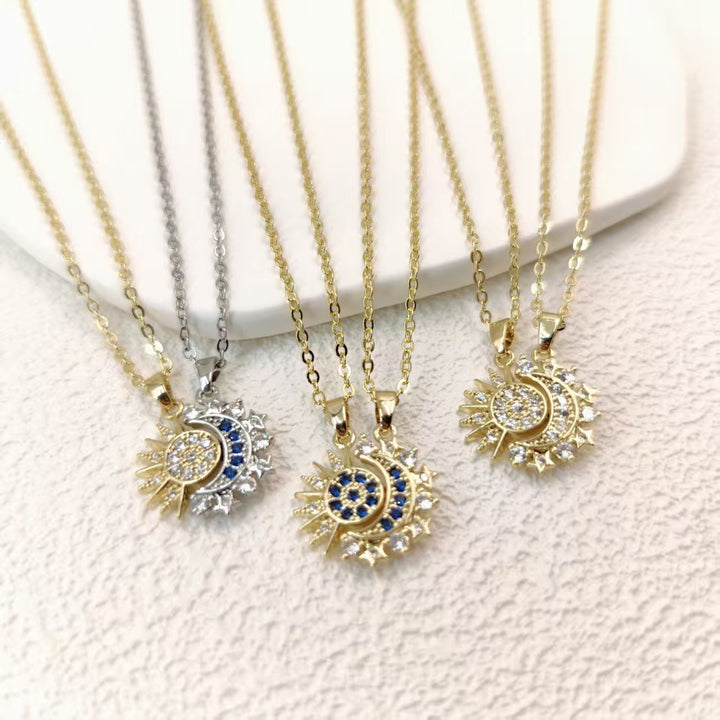 Detachable Sun & Moon Couple Necklaces, Multi-Color Paved Diamond Split Star Moon Pendant Dainty Clavicle Necklace