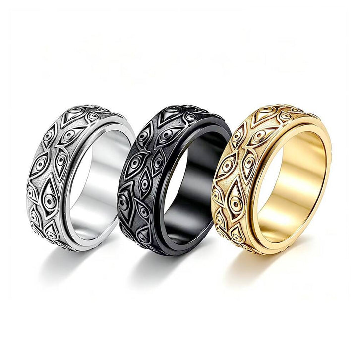 Evil Eye Embossed Rotatable Spinner Ring, Vintage All-Seeing Eye Titanium Steel Fidget Band Gold Silver Black Unisex Jewelry
