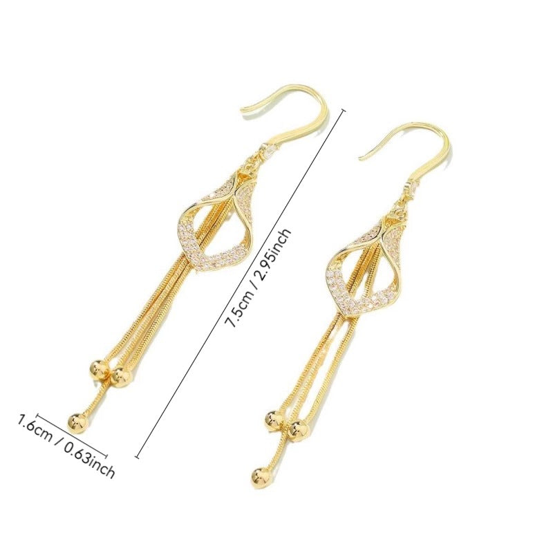 Gold Hollow‑Out Teardrop Diamond Long Tassel Hook Earrings for Women