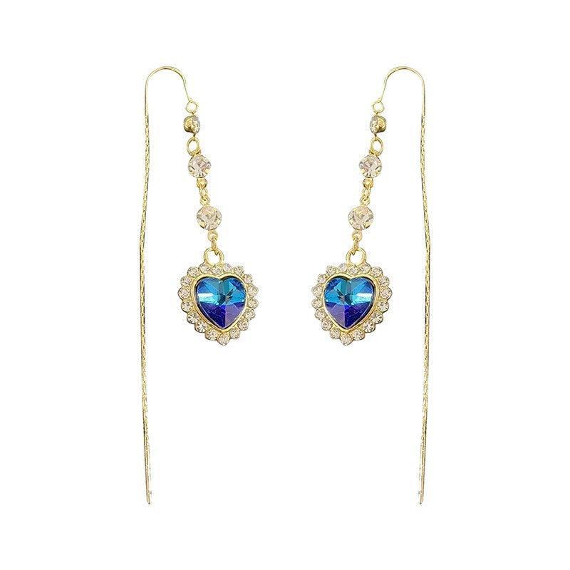 Gradient Blue Heart Diamond Long Threader Earrings, Vintage Dangling Heart Earrings with S925 Silver