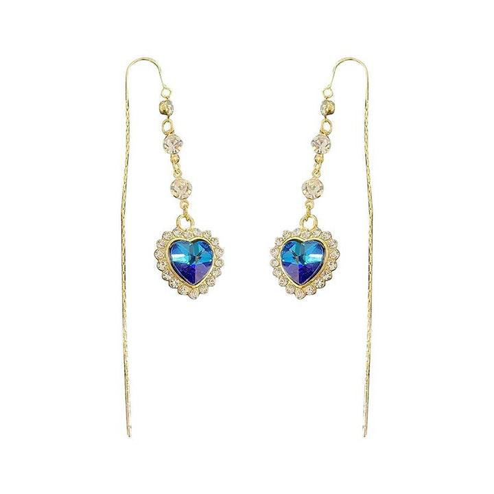 Gradient Blue Heart Diamond Long Threader Earrings, Vintage Dangling Heart Earrings with S925 Silver