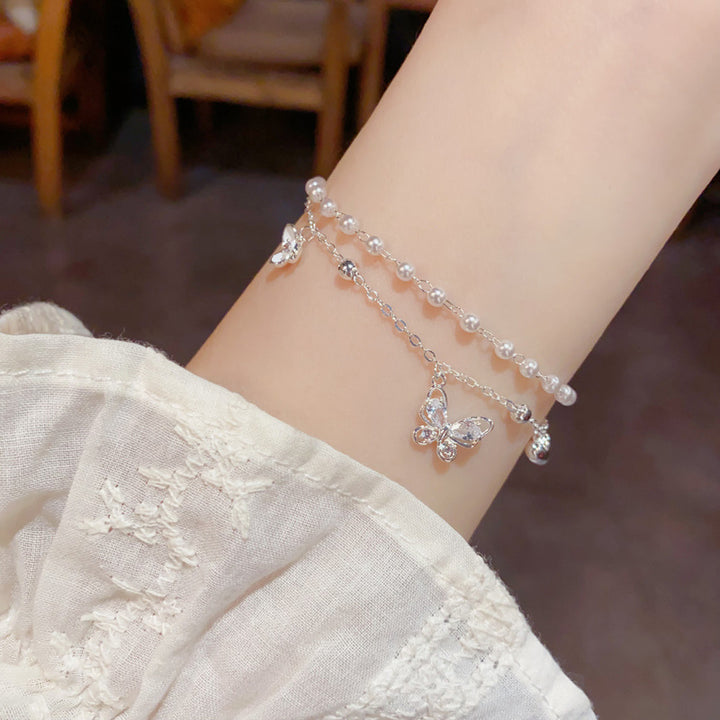 Fashion Sweet S925 Silver Butterfly Double-Layer Bracelet