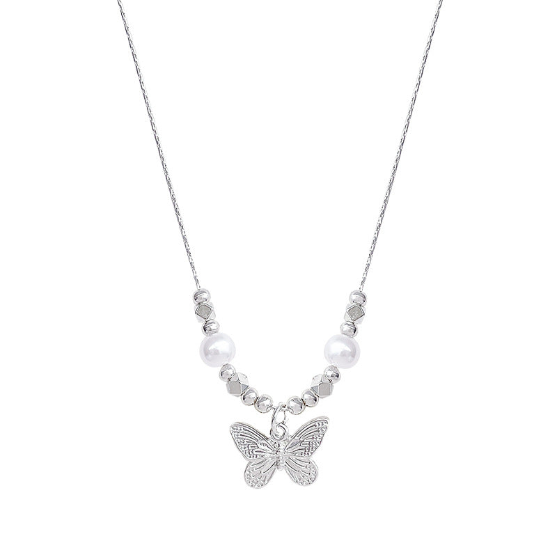 Embossed Butterfly & Pearl Thin Clavicle Chain, Dainty Geometric Bead Feminine Necklace