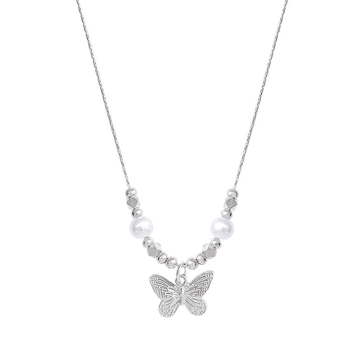 Embossed Butterfly & Pearl Thin Clavicle Chain, Dainty Geometric Bead Feminine Necklace