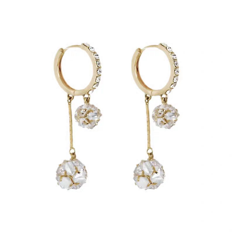 Paved C Hoop Double Ball Dangle S925 Silver Huggie Earrings, Luxury Long Layered Round Diamond Earrings, Clear & Dark Purple Two Tones