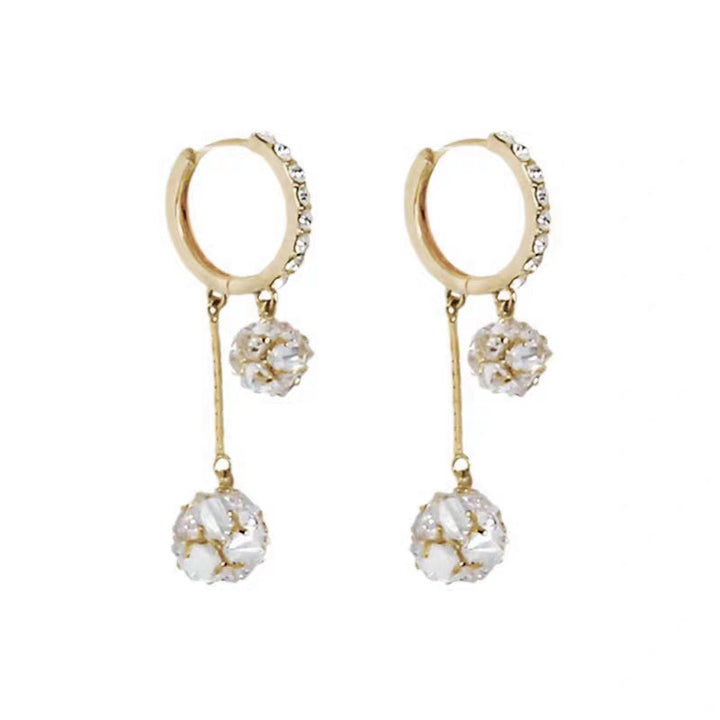 Paved C Hoop Double Ball Dangle S925 Silver Huggie Earrings, Luxury Long Layered Round Diamond Earrings, Clear & Dark Purple Two Tones
