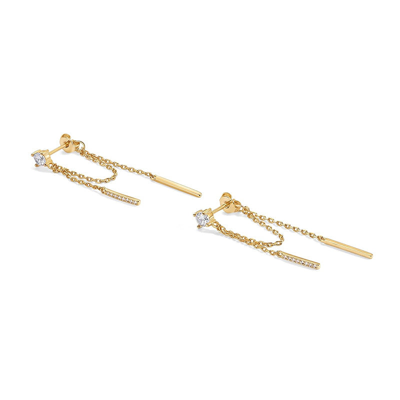 Minimal Double Chain Bar Tassel Stud Earrings, Single Crystal Asymmetrical Long Diamond Drop Jewelry in Gold & Silver