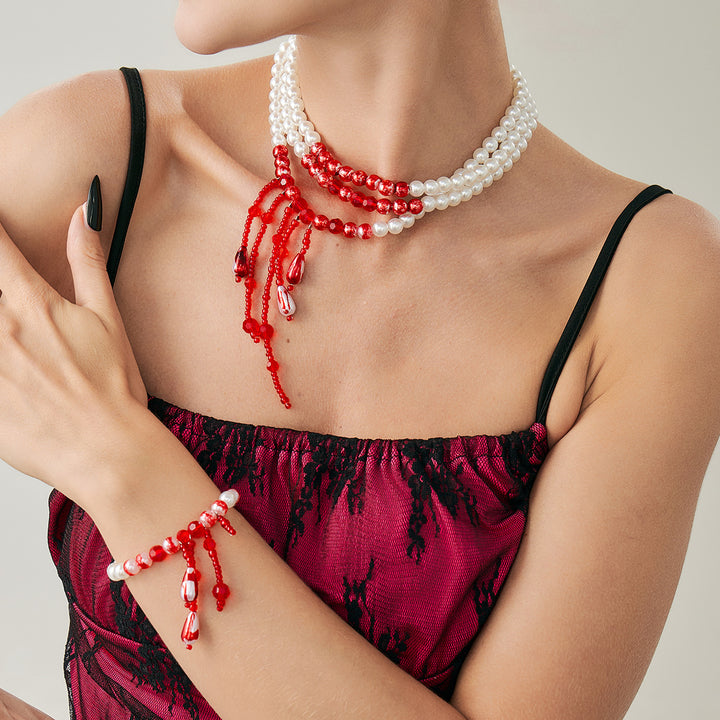 Gothic Bloody Crystal Tassel Necklace – Halloween Pearl Beaded Choker for Women