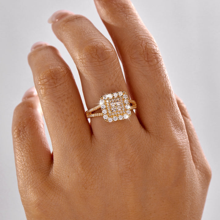 Emerald Cut Halo Paved Ring, Gold & Silver Luxury Double Shank Engagement Wedding Band for Women