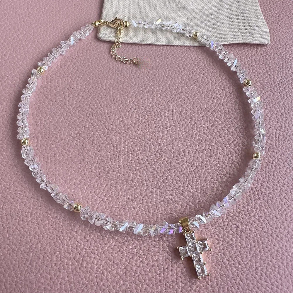 Faceted Diamond Cross & Heart Diamond Choker, Colorful Y2K Sweet Cool Collarbone Necklace