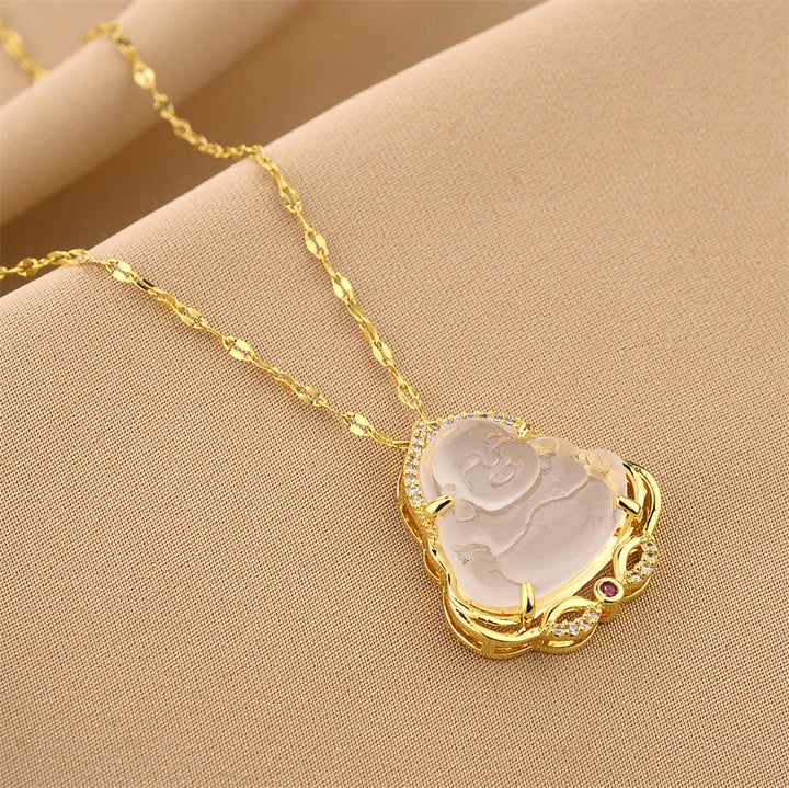 Hip-Hop Micro Paved Maitreya Buddha Pendant Titanium Steel Necklace