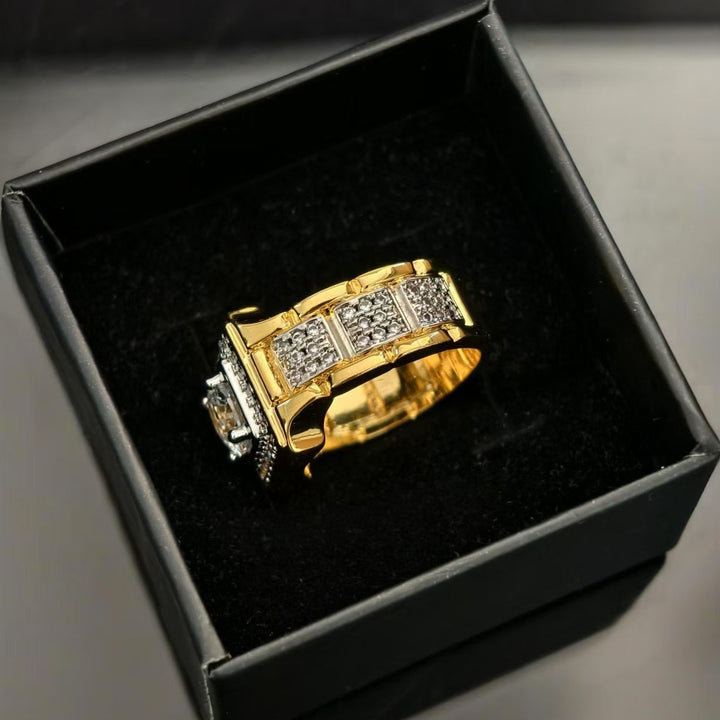 Square Center Stone Paved Two-Tone Men's Ring, Luxurious Two-Tone Diamond Business Band