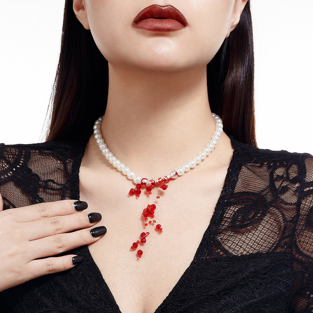 Gothic Pearl Necklace – Halloween Blood Drop Crystal Tassel Choker
