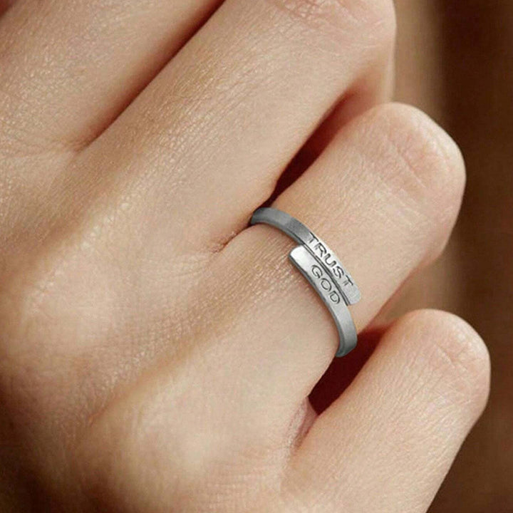 S925 Silver Engraved "TRUST GOD" Bypass Open Ring, Minimalist Adjustable Thin Band