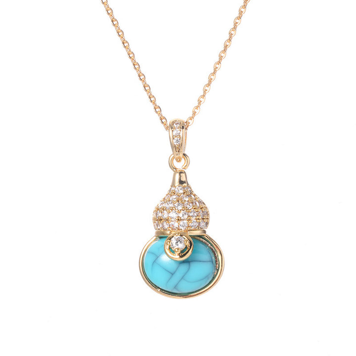 S925 Silver Gourd Gemstone Necklace, Luxury Full Diamond Fu Lu Pendant Turquoise & Tiger Eye Gold Clavicle Chain