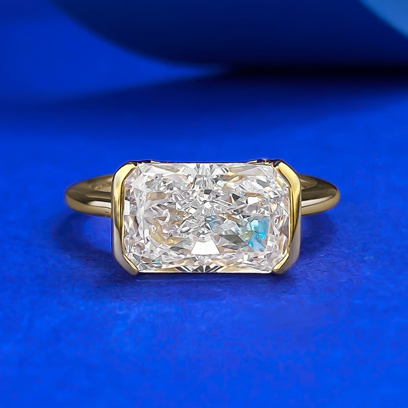 Radiant Cut Half Bezel Solitaire Ring, Gold Silver Minimalist Engagement Ring For Women