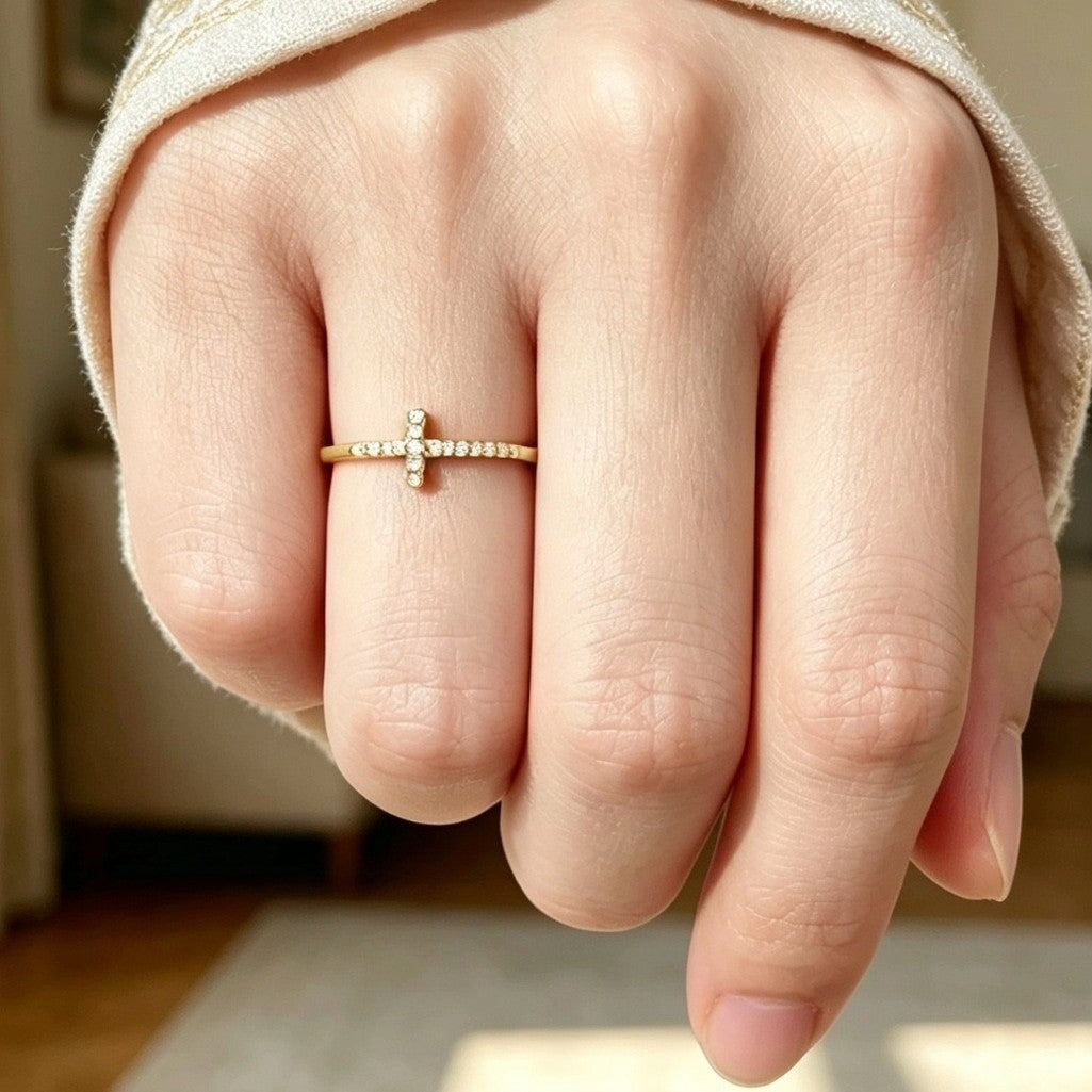 Side Paved Diamond Cross S925 Silver Thin Ring, Minimalist Diamond Band Available in 3 Tones