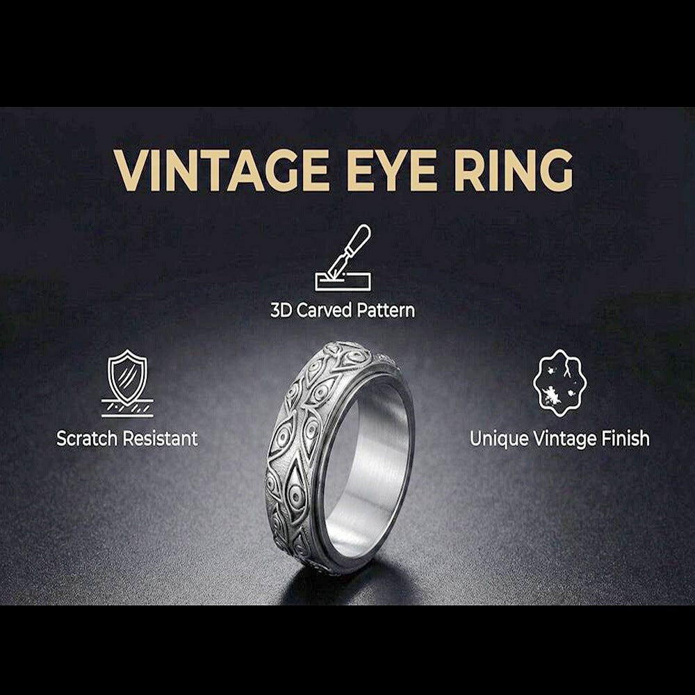 Evil Eye Embossed Rotatable Spinner Ring, Vintage All-Seeing Eye Titanium Steel Fidget Band Gold Silver Black Unisex Jewelry