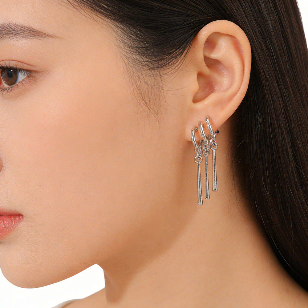 Three-Ring Textured Vertical Bar Tassel Drop Earrings, Solid S925 Silver Silver & Gold Two-Tone Minimalist Geometric Jewelry