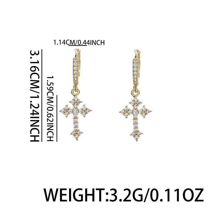 Full Paved Diamond Cross Hoop Earrings, Gold & Silver Luxury Rhinestone Cross Drop Hoops