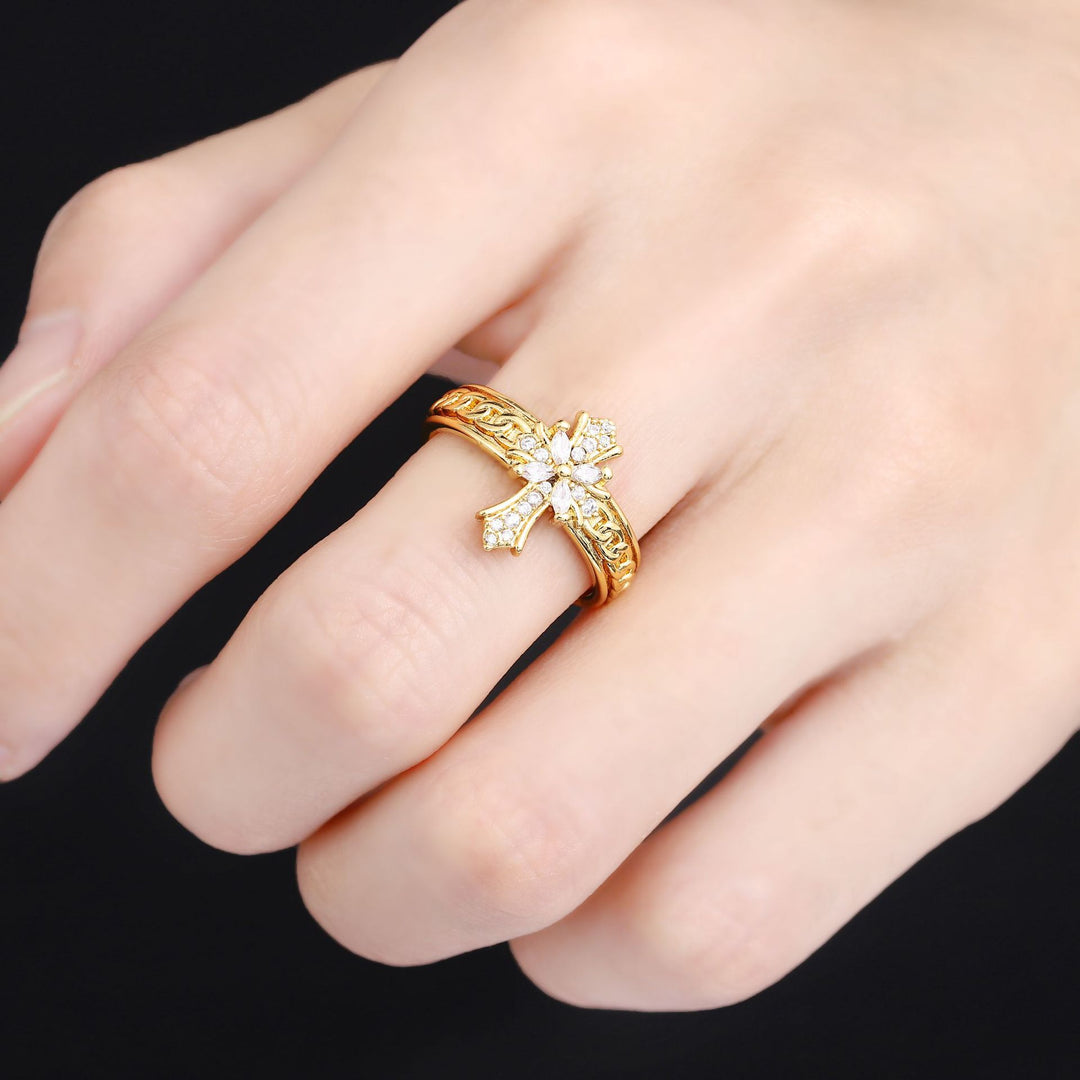 Vintage Rose Diamond Gold Tone Ring (French Romantic Statement Band)